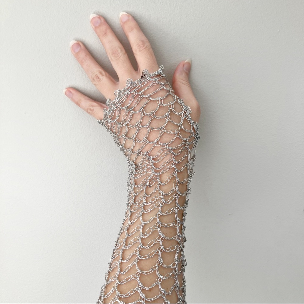 Silver crochet long fingerless gloves